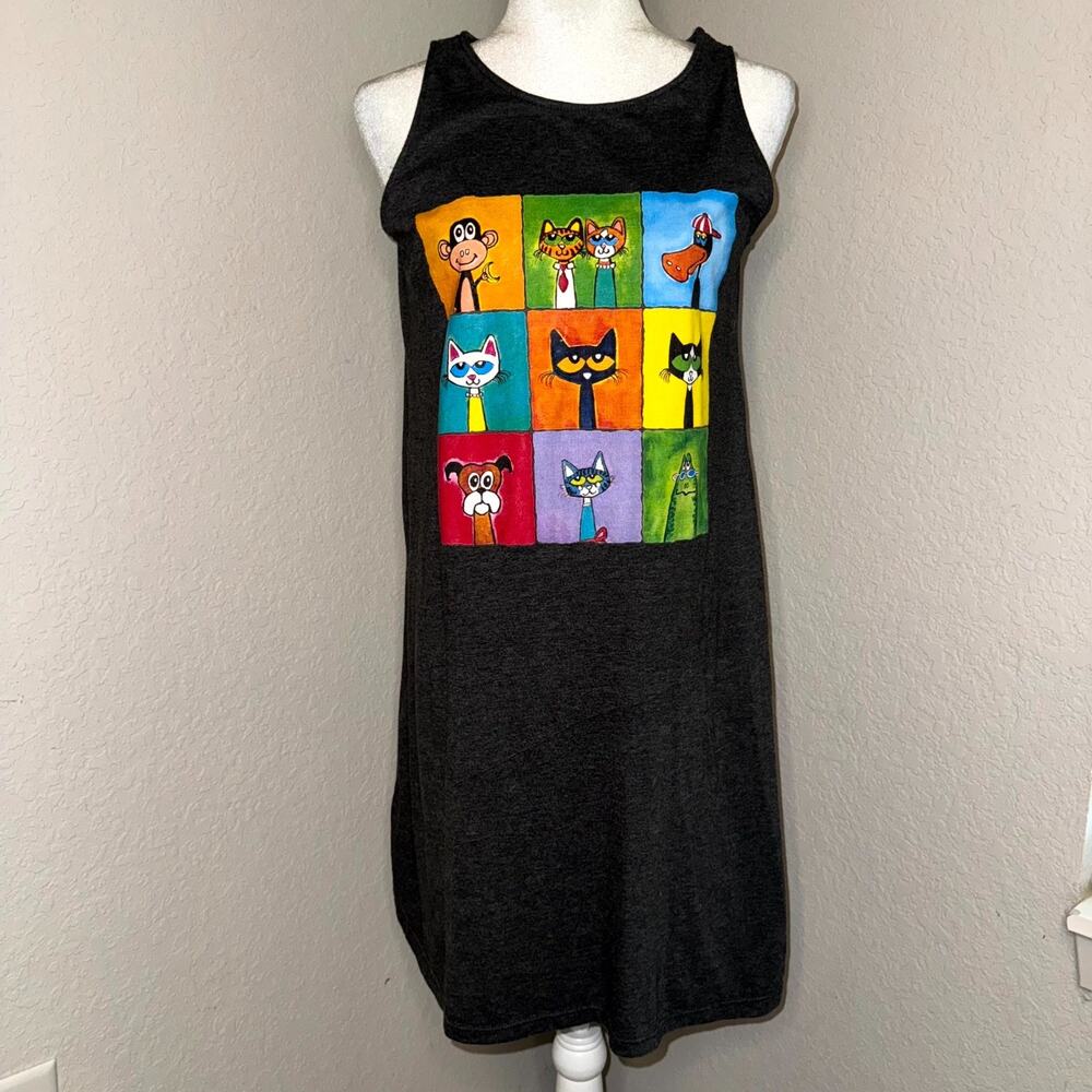 Pete The Cat Family & Friends Collage Tank Dress Women's M Heather Gray Teacher